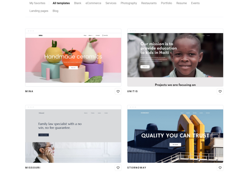 options de templates du cr&eacute;ateur de sites web