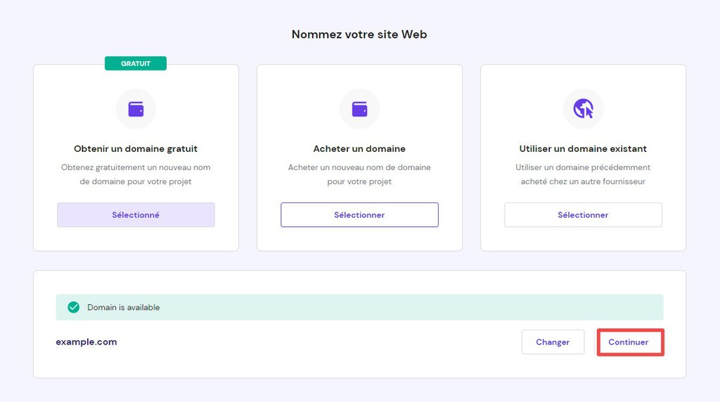 La page Nom de votre site web dans hPanel, en mettant en &eacute;vidence l'option Continuer