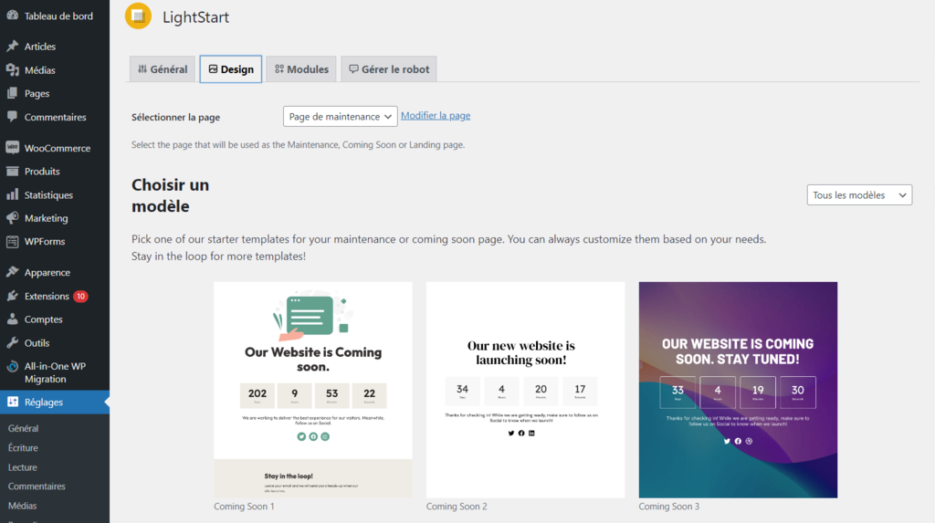 Param&egrave;tres de design du plugin Lightstart