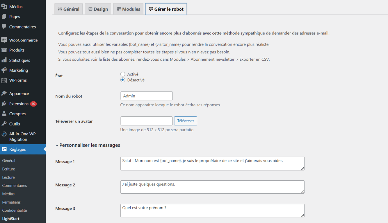 Param&egrave;tres de l'onglet de gestion de robot
