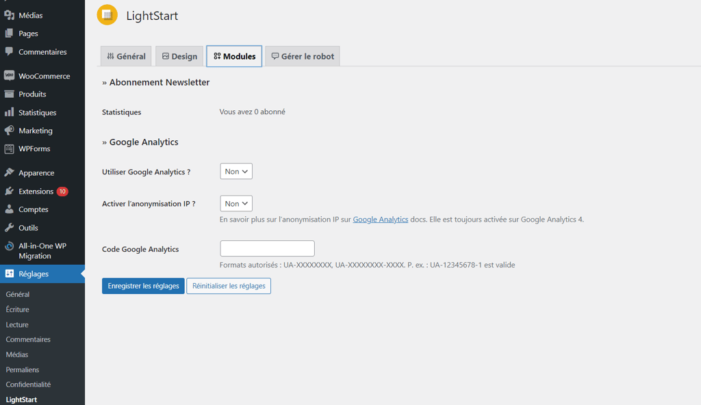 Param&egrave;tres des modules du plugin LighStart