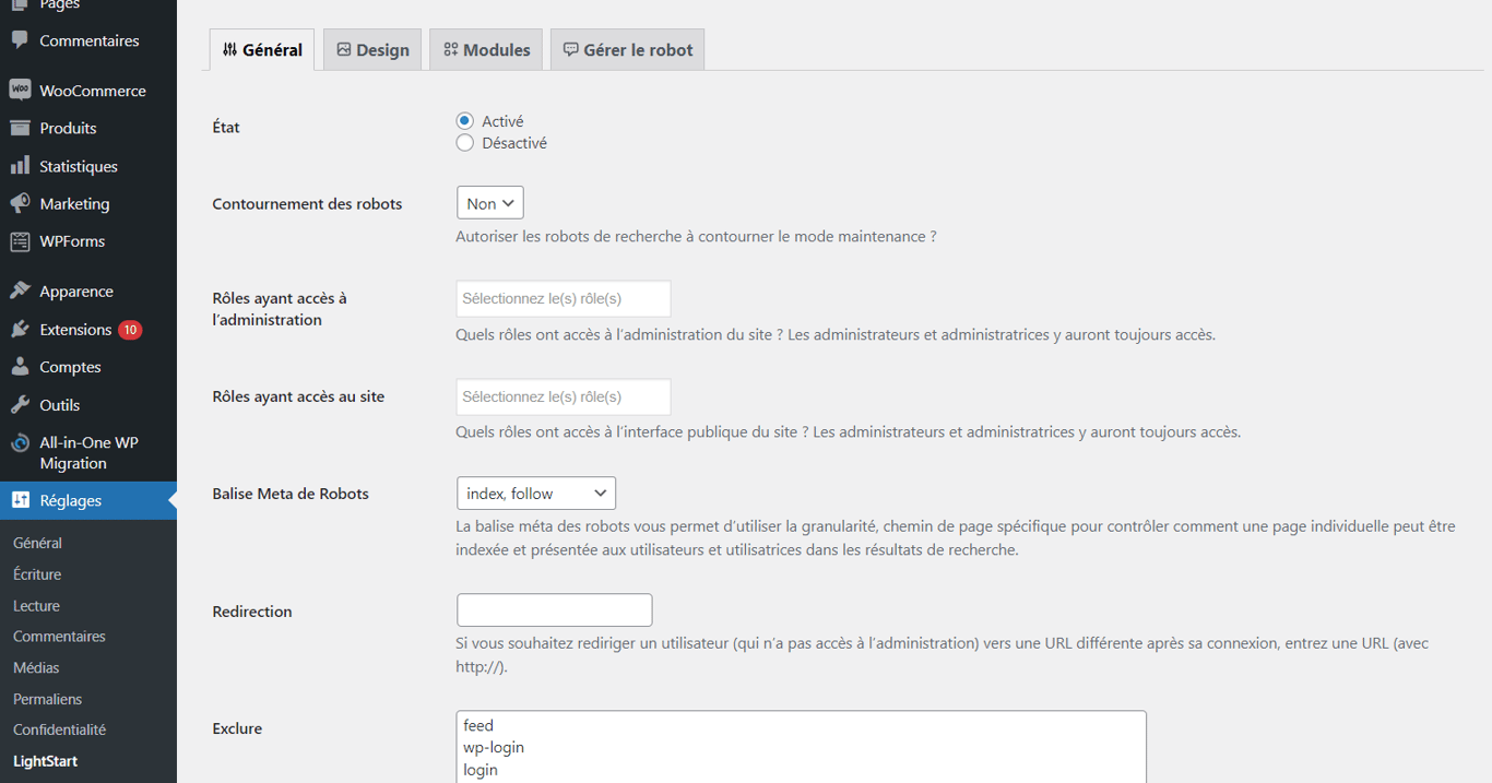 Param&egrave;tres g&eacute;n&eacute;raux du plugin Lightstart