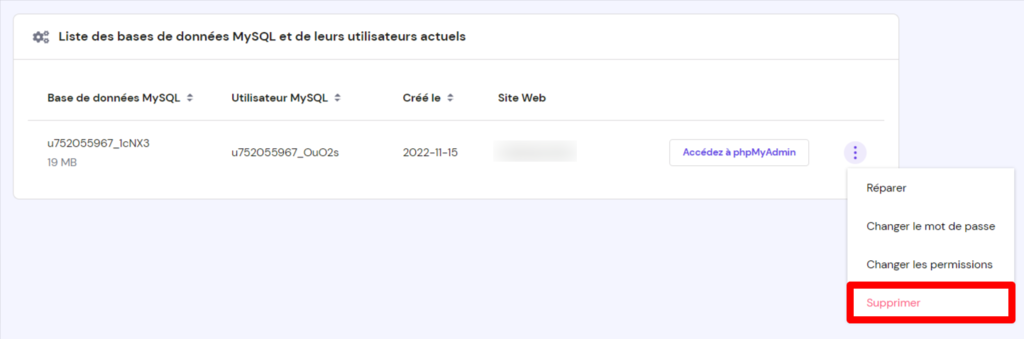 La section Liste des bases de donn&eacute;es MySQL et leurs utilisateurs actuels sur hPanel, avec le bouton Supprimer en surbrillance.