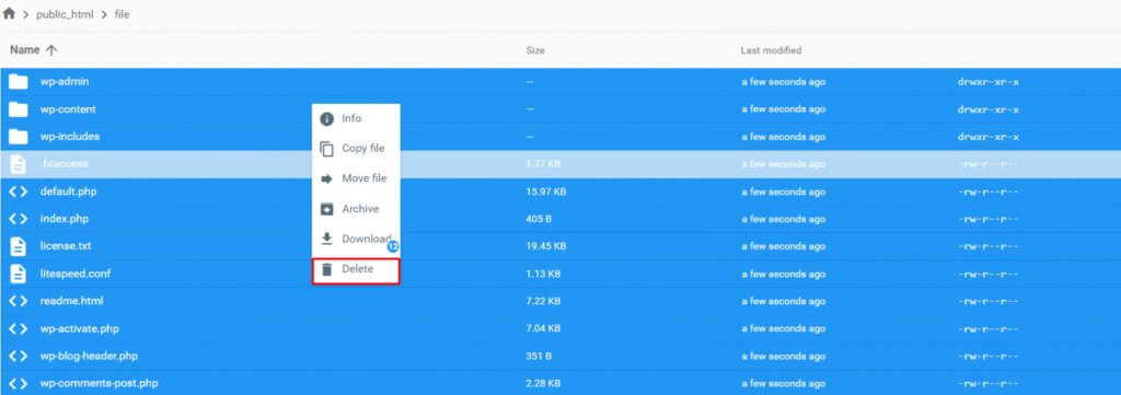 Le r&eacute;pertoire public_html dans le gestionnaire de fichiers de hPanel avec l'option Supprimer en surbrillance.