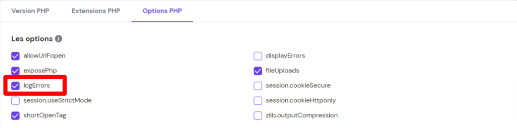 Cochez-la-case-logErrors Cochez la case logErrors dans la configuration de PHP