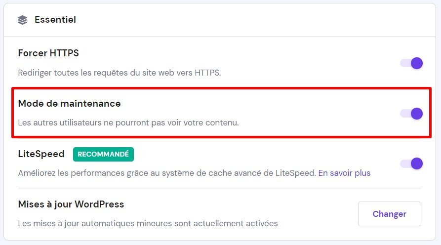 Activation du mode maintenance via hPanel