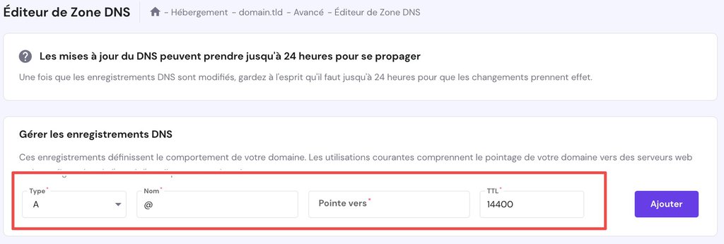 capture qui montre comment ajouter l'enregistrement A sur l'&eacute;diteur DNS hPanel
