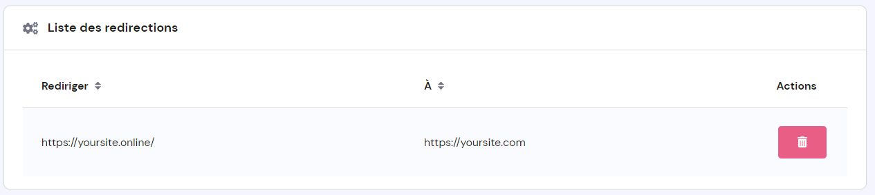 Liste des redirections web cr&eacute;&eacute;es sur hPanel