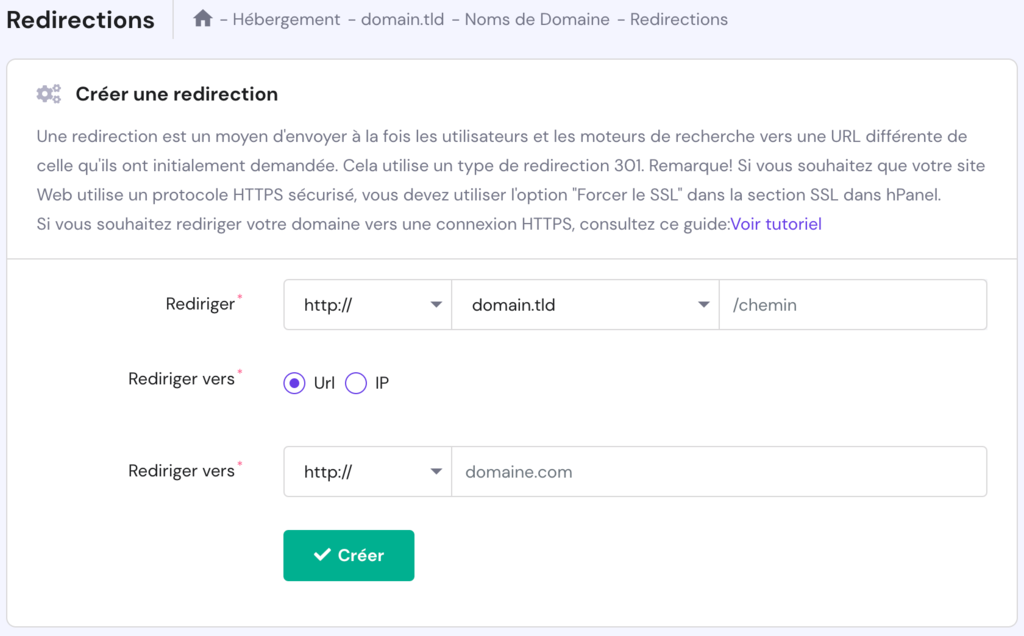 cr&eacute;er une redirection de domaine dans hPanel
