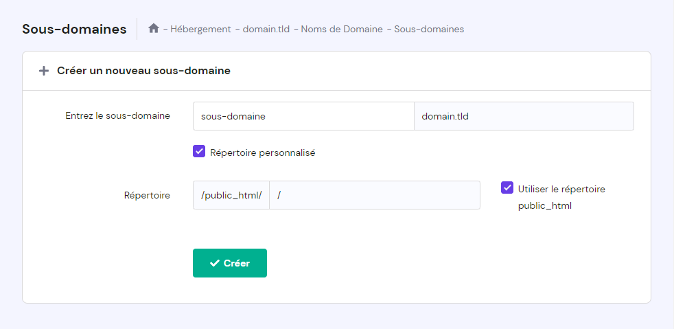 cr&eacute;ation sous domaines sur hpanel