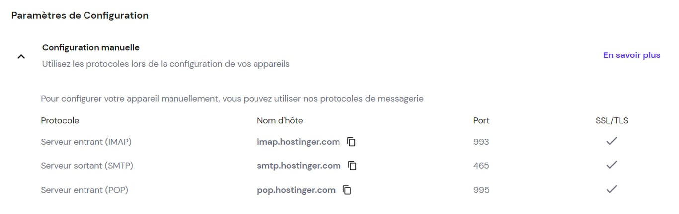 Configuration manuelle dans les paramètres des comptes email