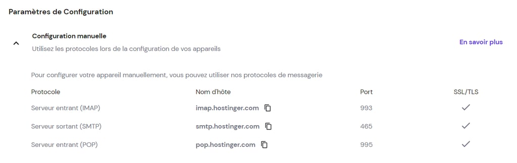 D&eacute;tails d'E-mail dans les param&egrave;tres des comptes email