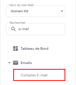 S&eacute;lectionner comptes e-mail sur le tableau de bord hPanel