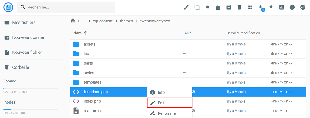 Le fichier functions.php sur le gestionnaire de fichiers Hostinger. Le bouton Modifier est mis en évidence