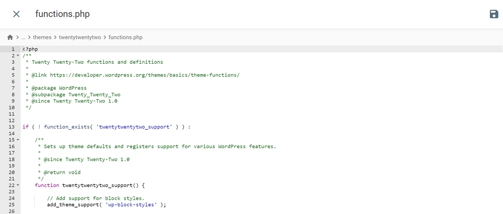 L'écran d'édition functions.php dans le gestionnaire de fichiers