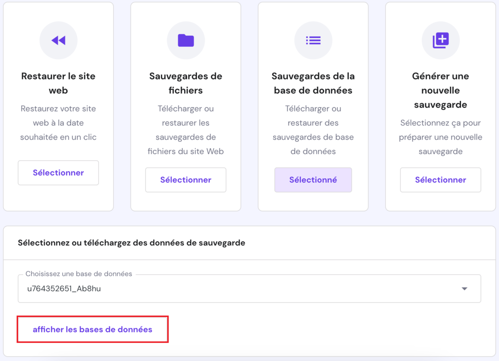 sauvegarde BDD Le bouton de création de sauvegarde de base de données WordPress dans hPanel