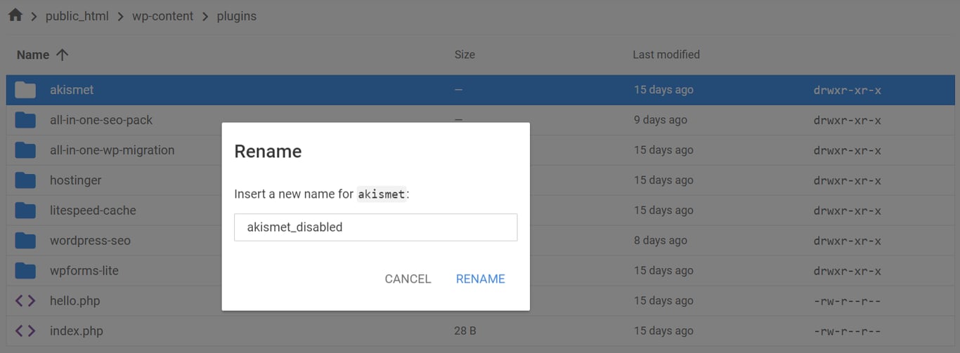 d&eacute;sactiver manuellement les plugins wordpress depuis le gestionnaire de fichiers sur hpanel