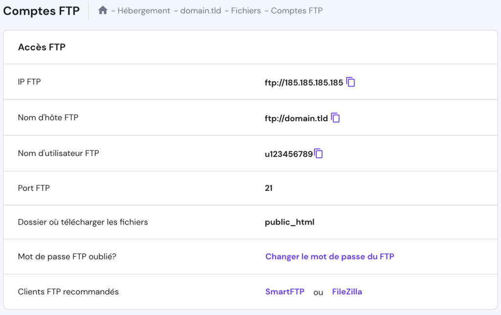 Comptes FTP hPanel