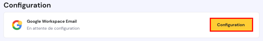 La section configuration du hPanel, avec le bouton configuration en surbrillance