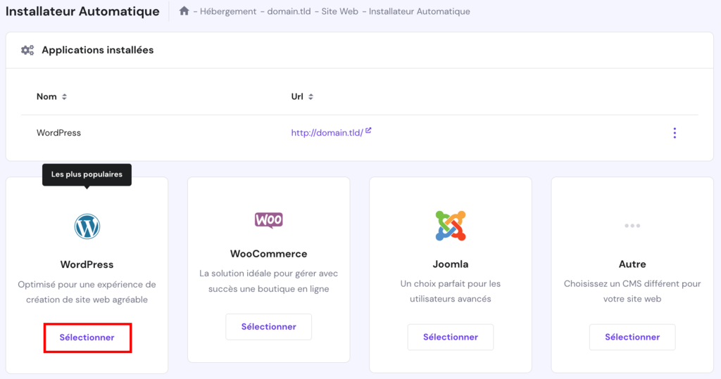 selectionner-WordPress-installateur-automatique Sélectionner WordPress sous la section installateur automatique de hpanel