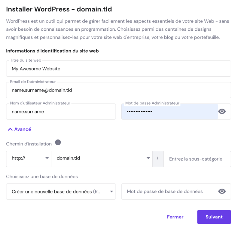 Le formulaire d'installation WordPress sur hpanel