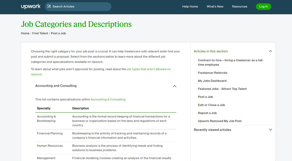 Catégories d'emploi d'Upwork