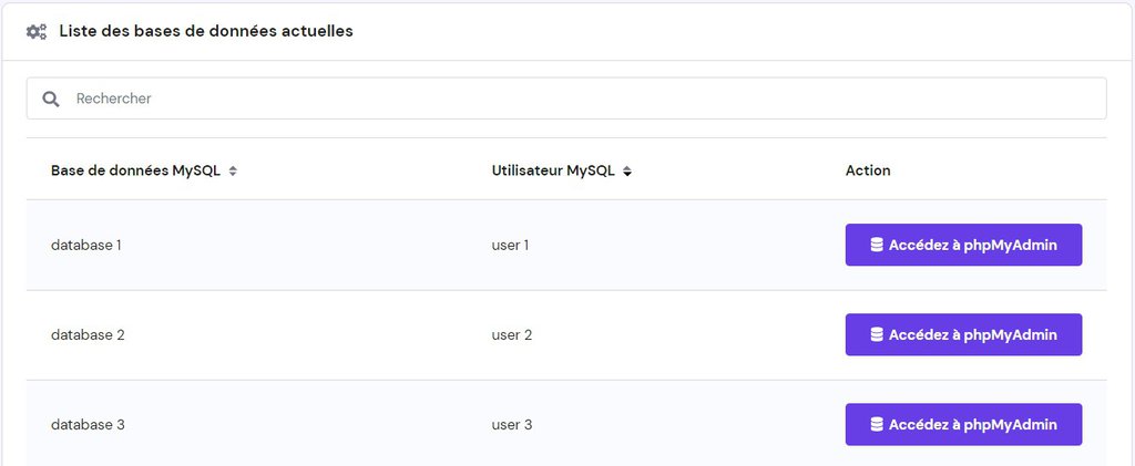 Liste des bases de donn&eacute;es actuelles sur hPanel