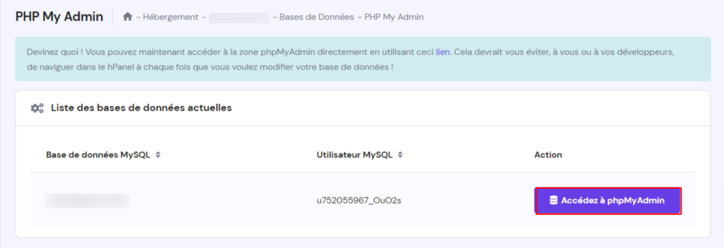 Bouton Acc&eacute;dez &agrave; phpmyadmin sur hPanel