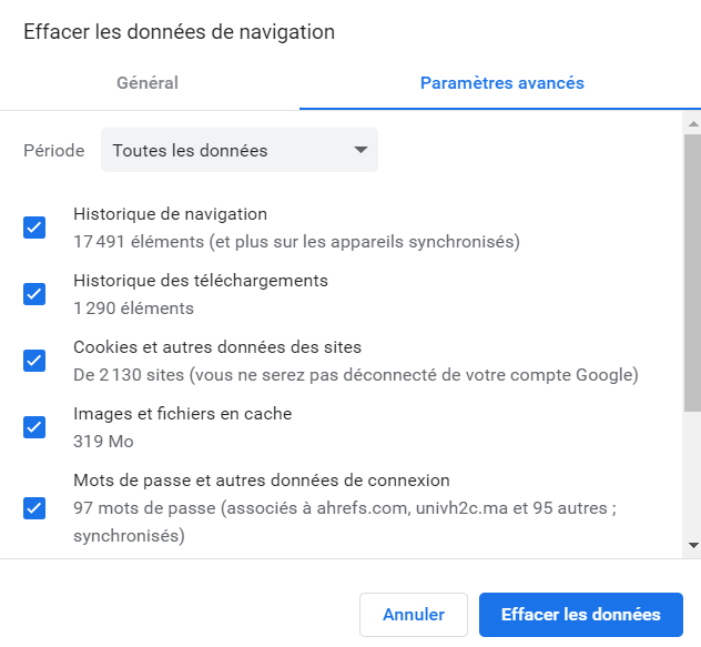 Param&egrave;tres avanc&eacute;s des donn&eacute;es du navigateur sur Google Chrome 