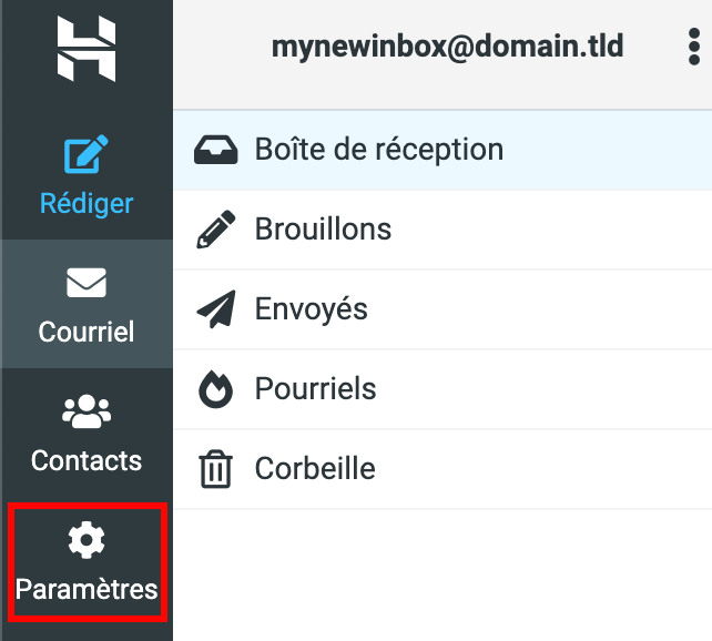 capture dy tableau de bord webmail hostinger avec le boutons parametres mis en évidence