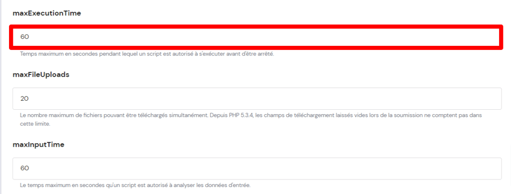 L'option de temps d'ex&eacute;cution maximum de WordPress dans le hPanel