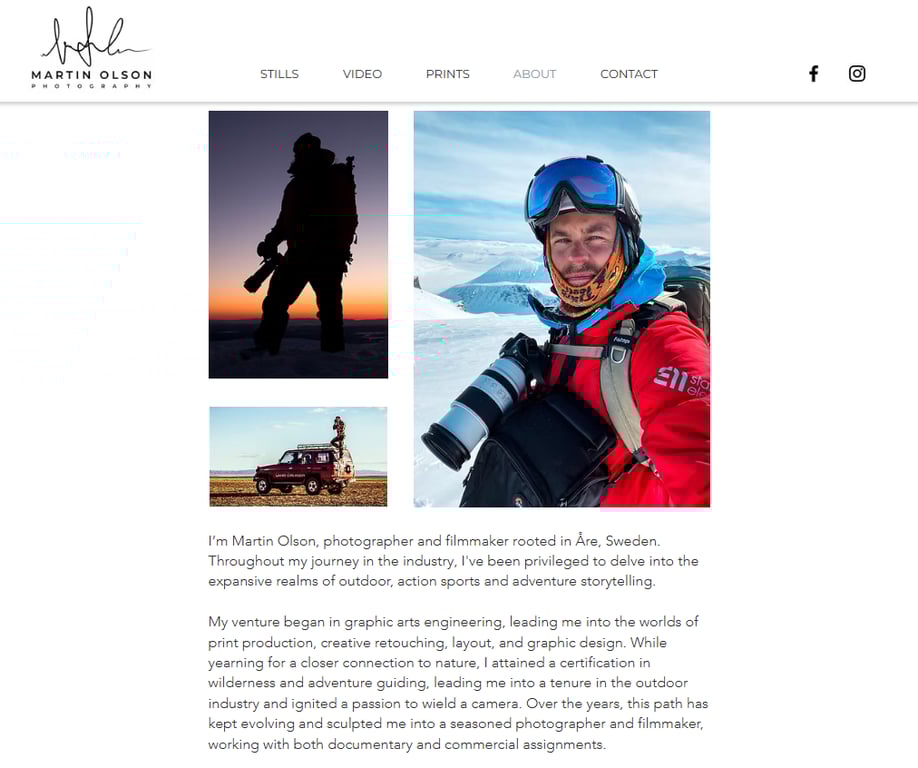 La page "À propos de moi" de Martin Olson présente plusieurs photos de lui, et une courte biographie