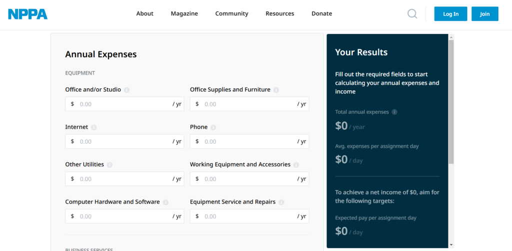 Calculateur de prix de l'Association nationale des photographes de presse montrant les différents champs de dépenses à remplir, tels que le loyer des bureaux et la publicité et la promotion.