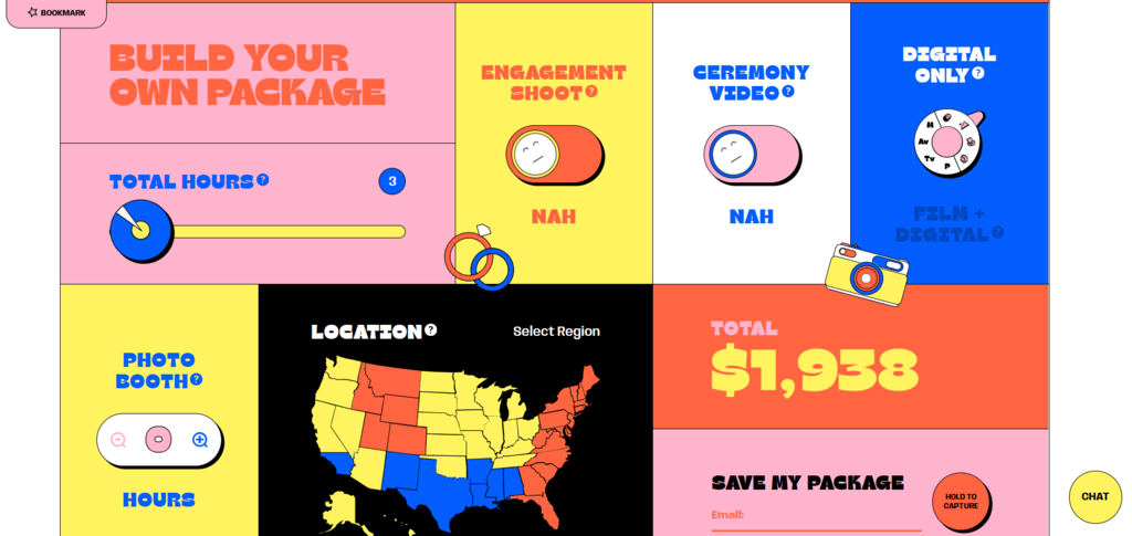 Le calculateur de prix de Mack & Pouya présente plusieurs boutons permettant de personnaliser le forfait et le prix total.