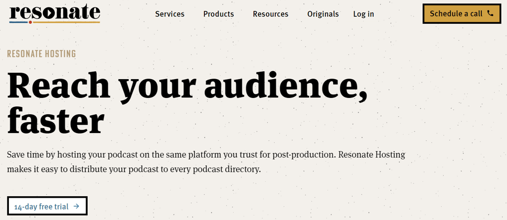 La page du produit d'h&eacute;bergement de Resonate, une soci&eacute;t&eacute; de production de podcasts
