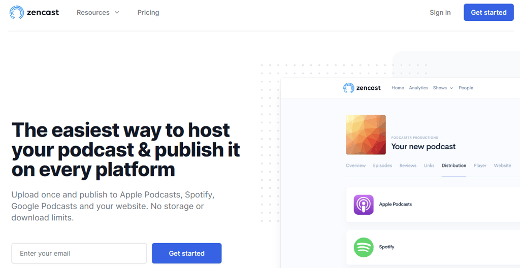 La page d'accueil de Zencast, un service d'h&eacute;bergement de podcasts qui propose des int&eacute;grations avec d'autres plateformes m&eacute;diatiques populaires.