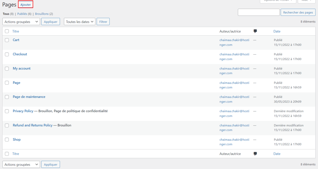 Ajouter une nouvelle page dans le tableau de bord de WordPress