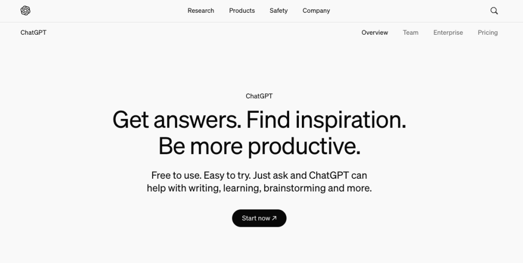 Page d'accueil de ChatGPT