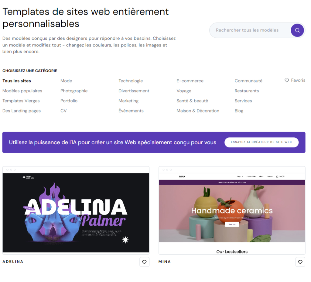 Biblioth&egrave;que de mod&egrave;les du cr&eacute;ateur de sites d'Hostinger