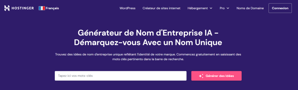 Page du g&eacute;n&eacute;rateur de noms d'entreprise sur le site web d'Hostinger
