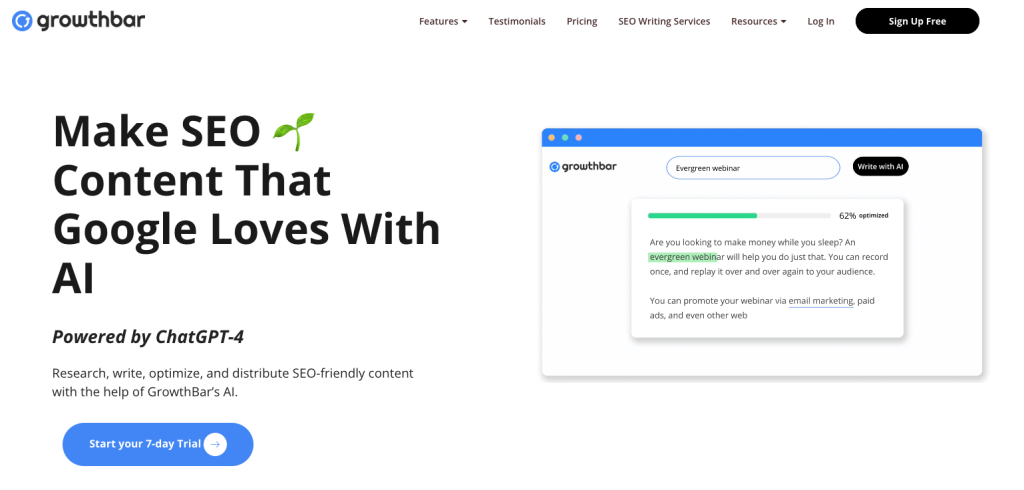 Page d'accueil de GrowthBar