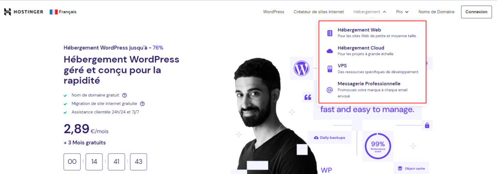 menu d&eacute;roulant sur le site de hostinger