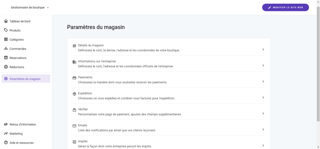 paramètres de magasin hébergeur constructeur de site Web