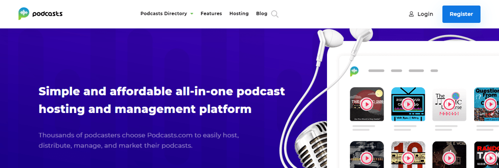 La page d'accueil de Podcasts.com, une plateforme d'h&eacute;bergement de podcasts conviviale pour les d&eacute;butants.
