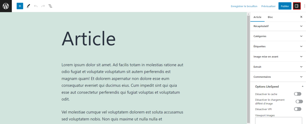 Interface de WordPress Gutenberg avec le bouton R&eacute;glages en surbrillance.