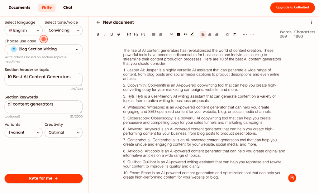 Exemple d'article généré par l'IA de Rytr