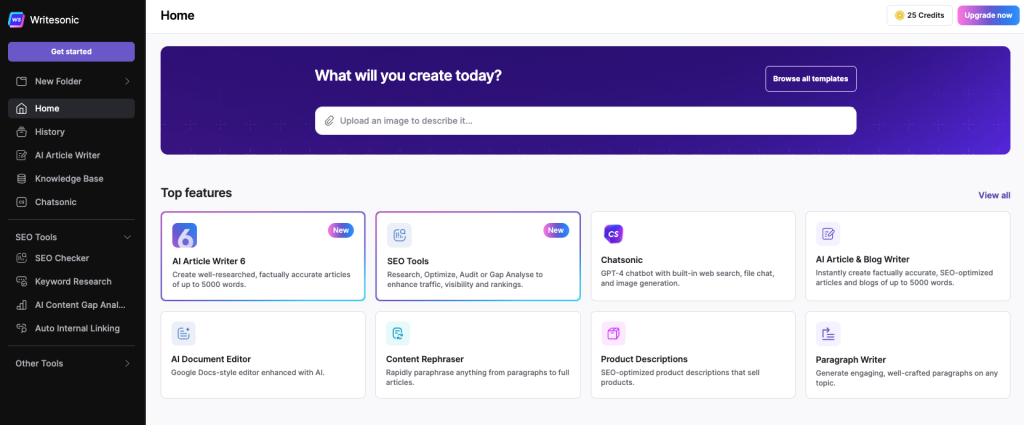 Tableau de bord utilisateur Writesonic