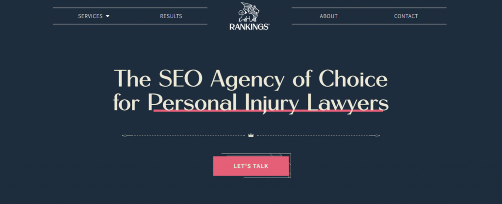 La page d'accueil de Rankings.io, une agence de référencement ciblant les avocats spécialisés dans les dommages corporels