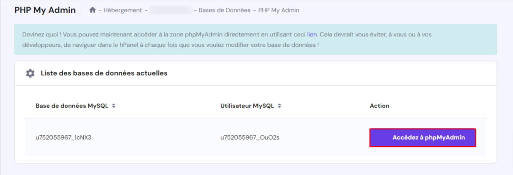 bouton-Accédez-à-phpMyAdmin La page phpMyAdmin sur hPanel. Le bouton Accédez à phpMyAdmin est en surbrillance