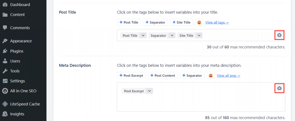 Les zones de texte du titre et de la méta-description de l'article AIOSEO avec les icônes de robot en surbrillance